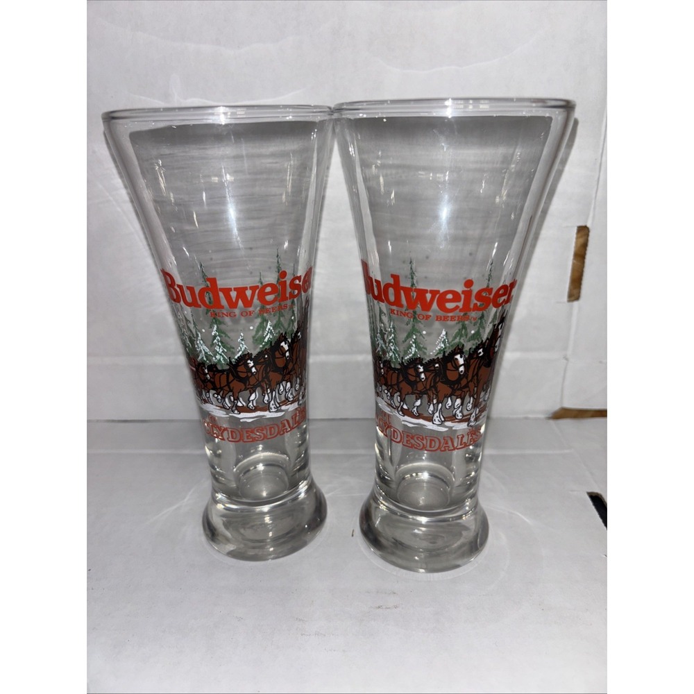 Vtg 1989 Budweiser Pilsner Beer Glasses Clydesdale Winter Holiday Christmas set - Picture 1 of 5